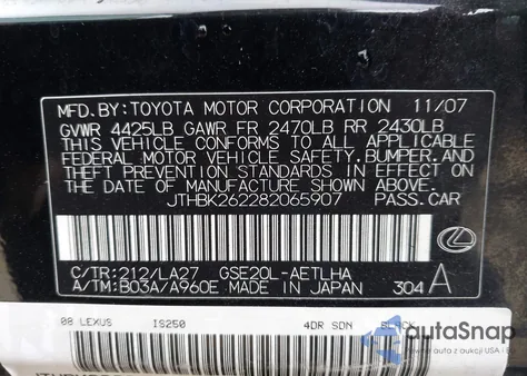 2008 Lexus Is 250 from USA, damaged, VIN JTHBK262282065907